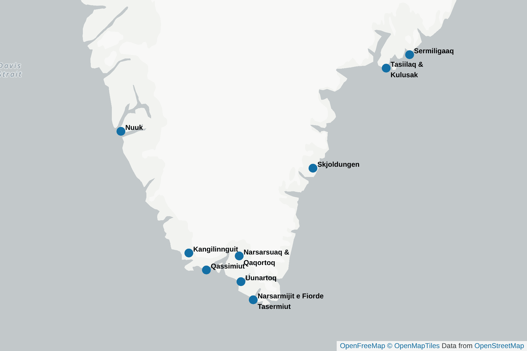 Mapa de Gronelândia - Sul e Sudoeste